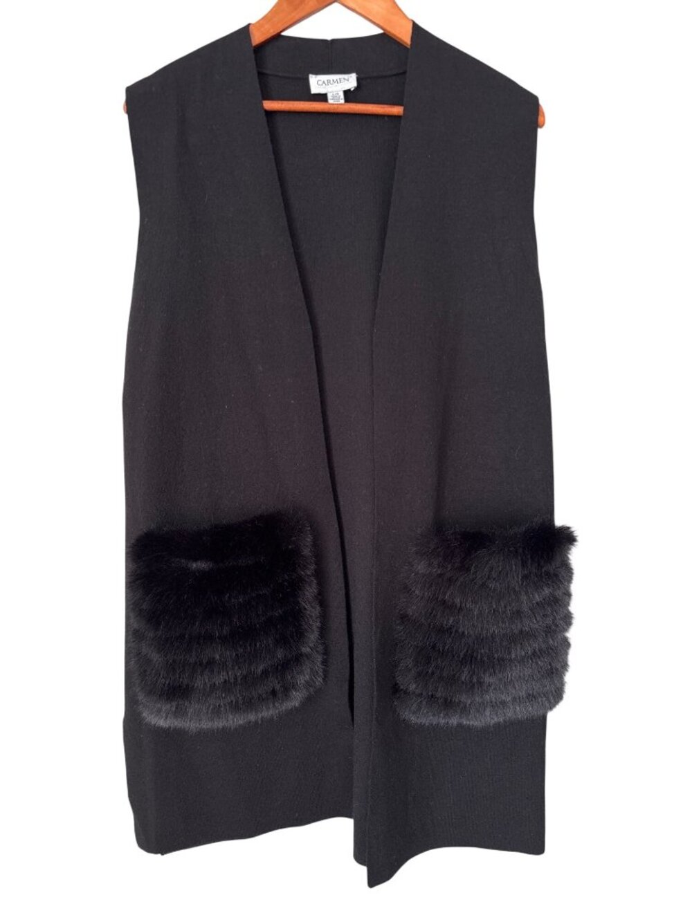 Carmen Marc Valvo Cardigan Vest Large Open Front Faux Fur Pockets Black Layers